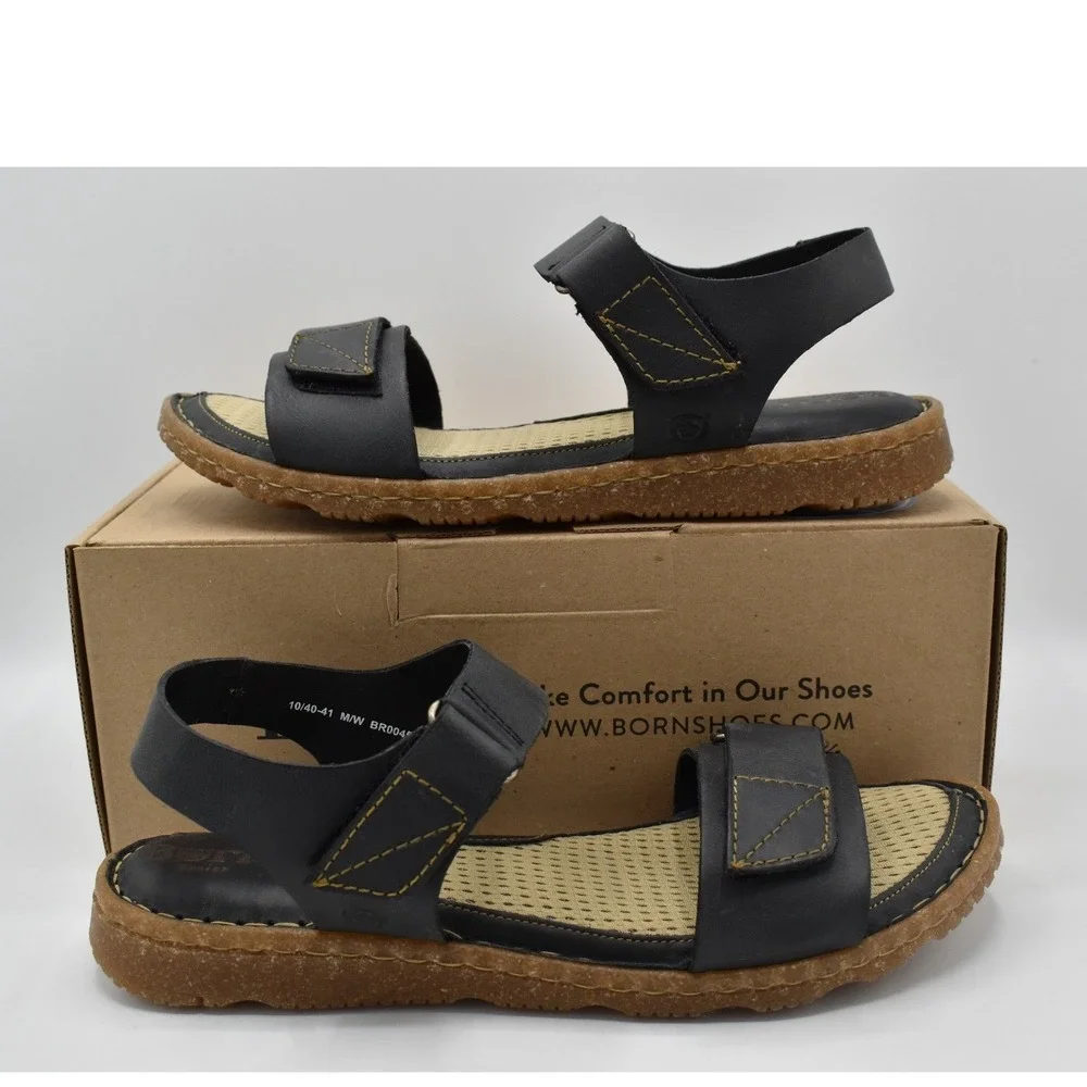 Born Womens Size 11 Tabra Black Full Grain Leather Strappy Flats Sandals Shoes